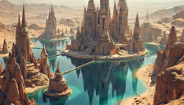 AI-generated floating island architecture scene designed using Prompts.ai for creative storytelling and worldbuilding