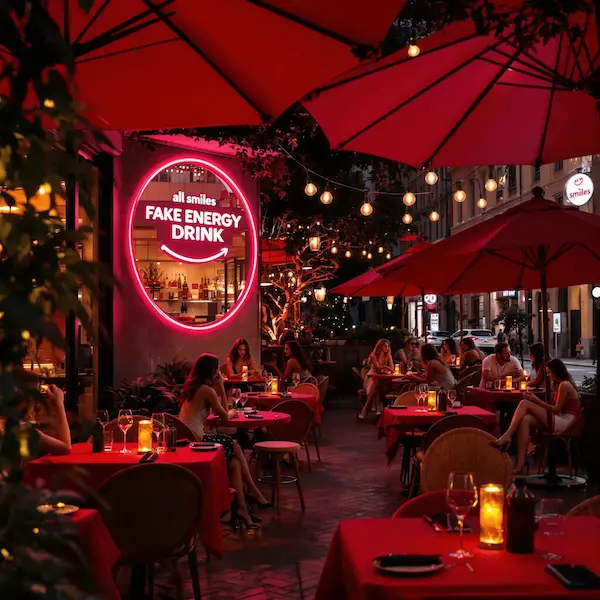 Outdoor nighttime dining area with red umbrellas, string lights, and a neon sign reading 'all smiles FAKE ENERGY DRINK'.