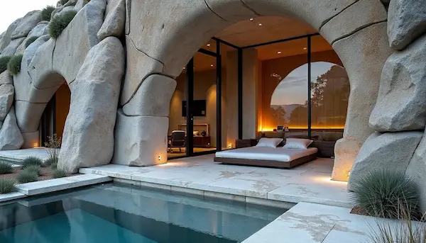 Modern outdoor space with a large stone arch, cushioned daybed, and a swimming pool reflecting the evening sky.