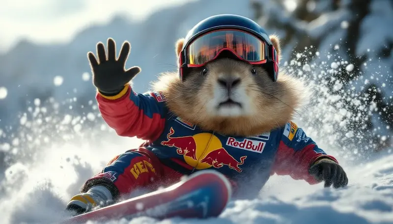 Animated groundhog in a Red Bull ski outfit and goggles skiing on snow with one hand raised.