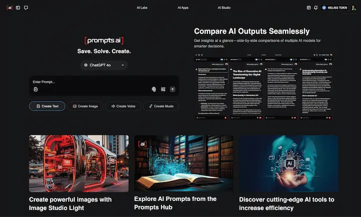 Prompts.ai interface showing unified AI dashboard for accessing 35 plus language models workflows and prompt hub in one secure platform