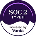 SOC 2 Type II compliance badge powered by Vanta with a purple and white circular design.