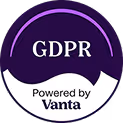Circular badge with text 'GDPR Powered by Vanta' in white and purple colors.