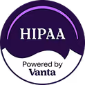 HIPAA compliance badge with text 'Powered by Vanta' on a dark circular background with purple arc.