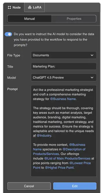 AI interface showing document creation settings with fields for file type, title, model, and marketing strategy prompt details.