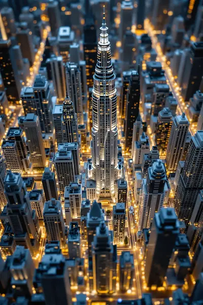 Illuminated cityscape at night focusing on a tall, brightly lit skyscraper among surrounding buildings.