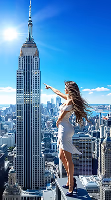 Woman in a white dress standing on a rooftop pointing towards the Empire State Building in bright daylight.